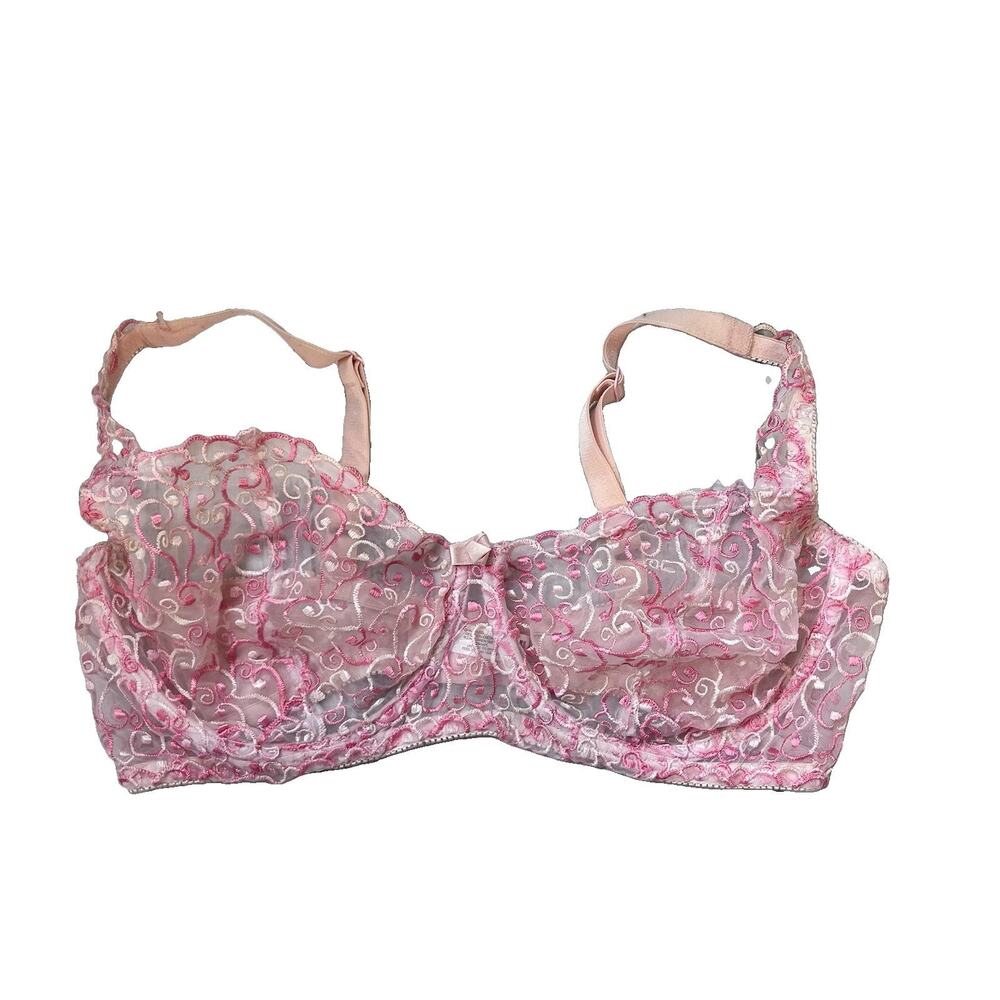 Vintage Victoria's Secret Bra size 40D Pink Sheer Satin Embroidery Underwire